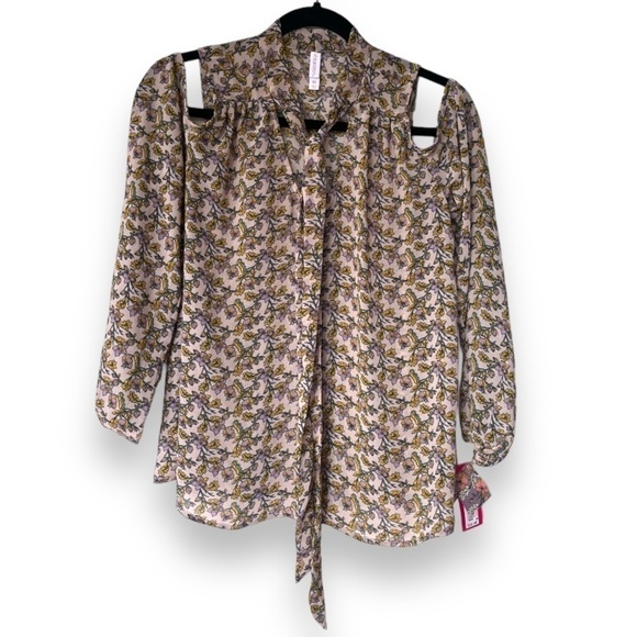 Xhilaration Secret Garden Pink/Yellow Cold Shoulder Tie neck Flowy Blouse NWT - Picture 2 of 6